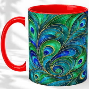 Peacock Feather Coffee Mug, Green Blue Plume Art, Bold Daily Home Tea Sips
