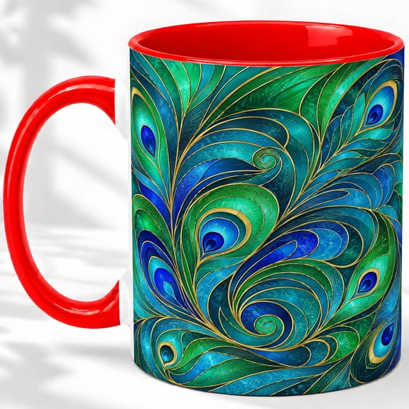 Peacock Feather Coffee Mug, Green Blue Plume Art, Bold Daily Home Tea Sips