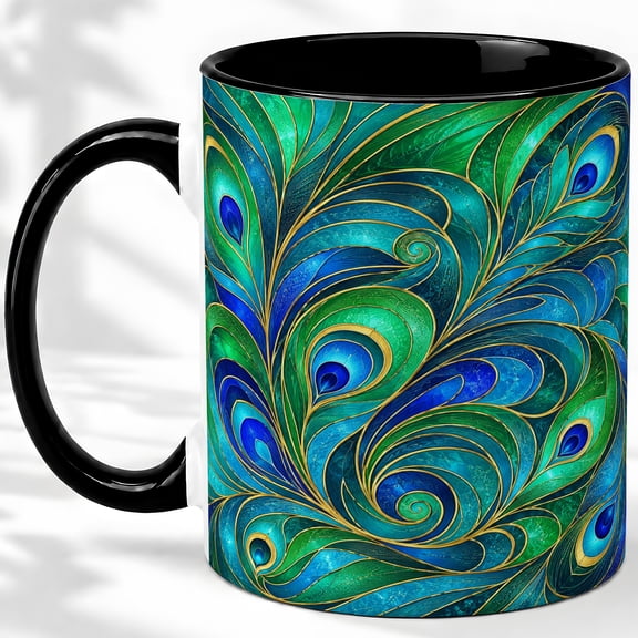 Peacock Feather Coffee Mug, Green Blue Plume Art, Bold Daily Home Tea Sips