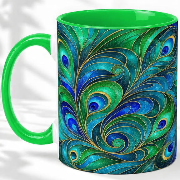 Peacock Feather Coffee Mug, Green Blue Plume Art, Bold Daily Home Tea Sips