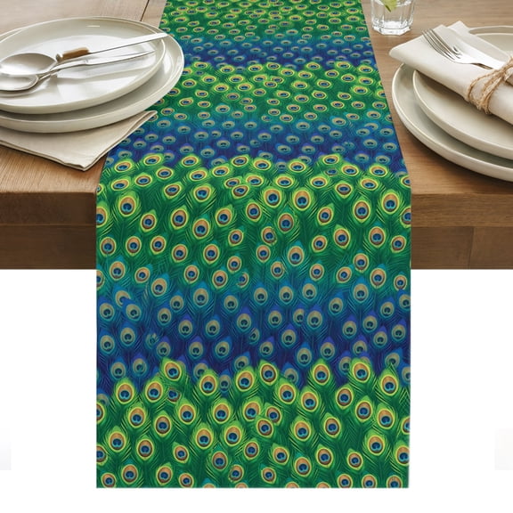Peacock Feather Cotton Linen Table Runner Retro Jade Green Blue Peacock Feather Dining Table Runners for Home Decor Party Dining Room Restaurant Kitchen Party 13" x 48"