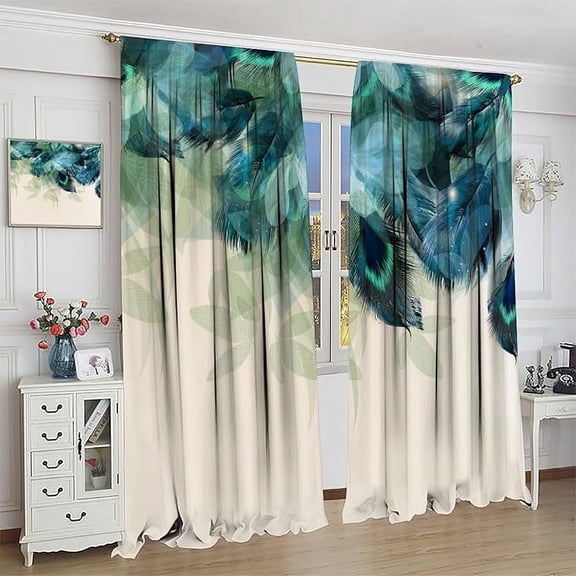 Peacock Feather Curtain, Watercolor Abstract Floral Background With Peacock Feather Pattern Pole Pocket Curtain For Bedroom And Living Room 26"W x 45"L (Pack of 2)