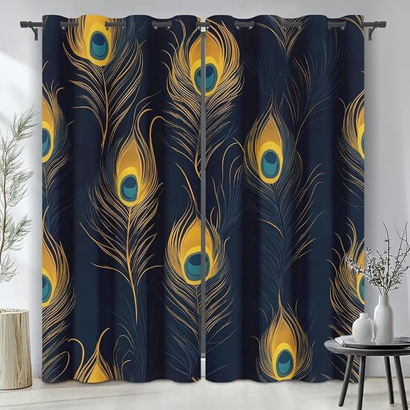 Peacock Feather Curtains for Living Room, Yellow Peacock Feather Blackout Curtains for Bedroom, Peacock Feather Drapes Thermal Insulated Grommet Decor Window Curtains 53"W x 84"L (Pack of 2)