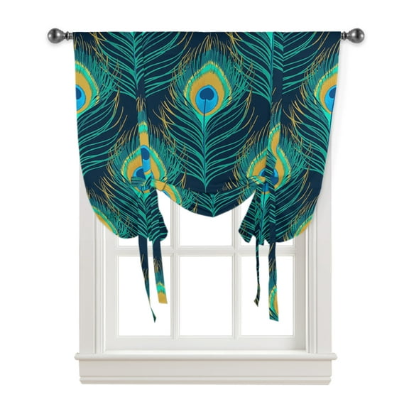 Peacock Feather Cyan Window Curtain for Living Room Roman Curtains for Kitchen Cafe Tie Up Short Drapes