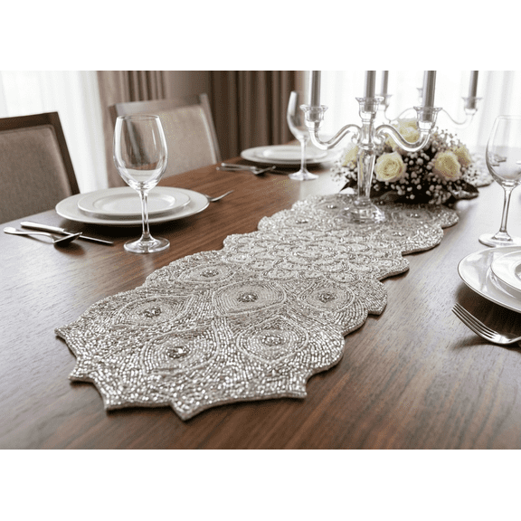 Peacock Feather Design Table Topper, Handmade Beads Table Runner, Designer Tableware 13X36 Inch