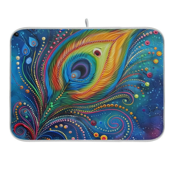Peacock Feather Dish Drying Mat 16x18 Absorbent Microfiber Draining Rack Pad for Kitchen Counter Sink