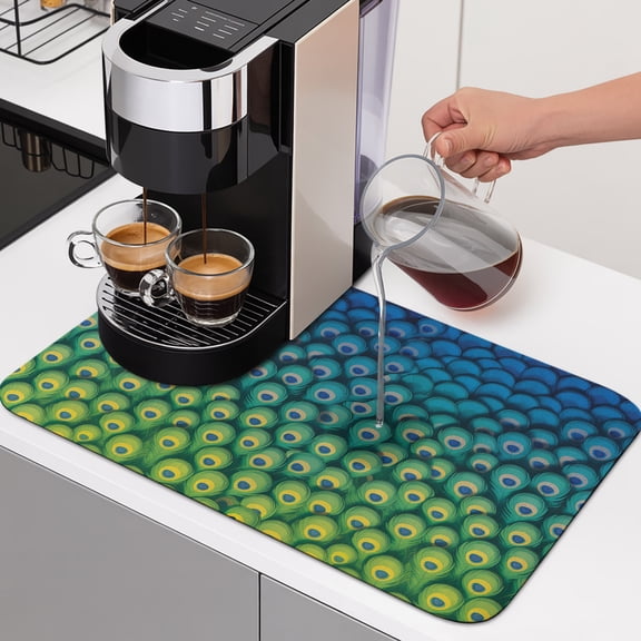 Peacock Feather Dish Drying Mats for Kitchen Counter, Retro Abstract Jade Green Blue Peacock Feather Absorbent Coffee Bar Mat with Non-slip Rubber Backed Quick Drying Dish Rack Pad 12"x16"