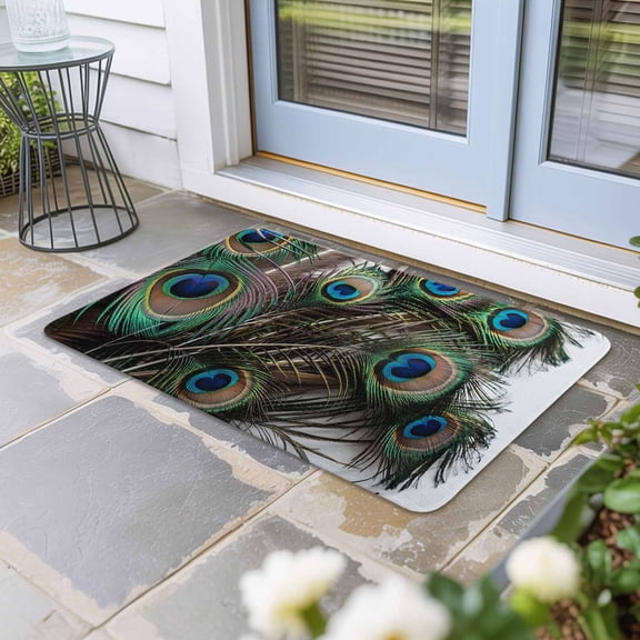 Peacock Feather Door Mat Indoor Outdoor,Teal Blue Bird Feather Modern Art Printed Non Slip Welcome Mat with Rubber Backing,Absorbent Front Door Mats Entryway Rug for Home Patio Entrance 16"x24"