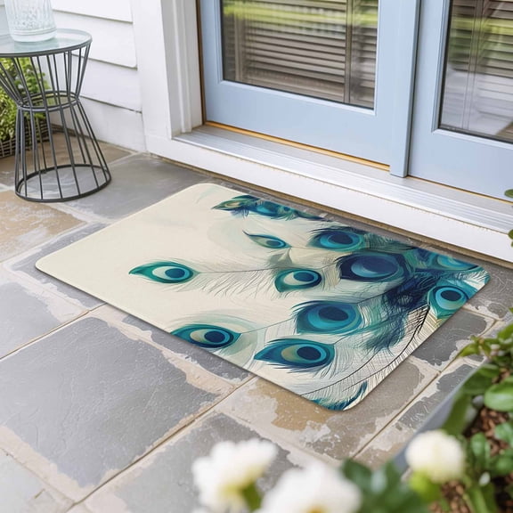 Peacock Feather Door Mat Indoor Outdoor, Teal Ethnic Rustic Farmhouse Elegant Non Slip Welcome Mat with Rubber Backing, Absorbent Fabric Front Door Mats Entryway Rug for Home Patio Entrance 16"x24"