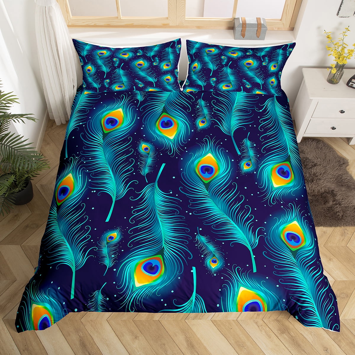 Peacock Feather Duvet Cover Rustic Animal Twin Bedding Set for Boys