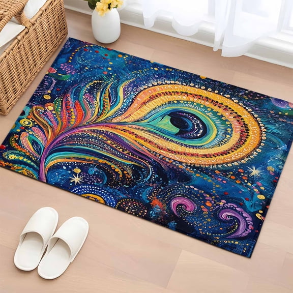 Peacock Feather Eye Bathroom Rug Washable 2x3 Entryway Rug Non Slip Abstract Colorful Front Door Mat Low Pile Indoor Doormat Throw Floor Carpet for Kitchen Bedroom Entrance