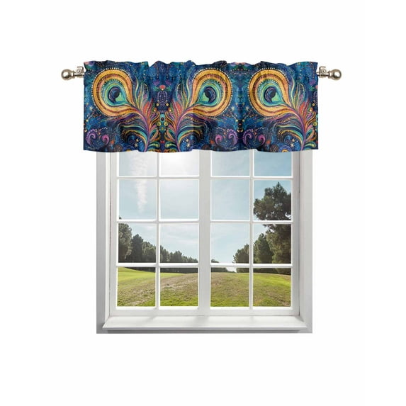 Peacock Feather Eye Curtain Valance for Windows/Living Room/Kitchen/Bathroom/Café, Short Rod Pocket Tier Curtain Window Treatment Panel Abstract Colorful Topper Curtain 60''x18''
