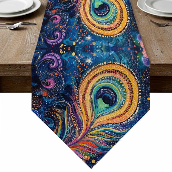 Peacock Feather Eye Table Runner Linen Burlap Table Runner 48 Inches Long Abstract Colorful Dresser Scarves for Kitchen Island Coffee Dining Room Party Wedding Banquet Holiday Decoration 13"x48"