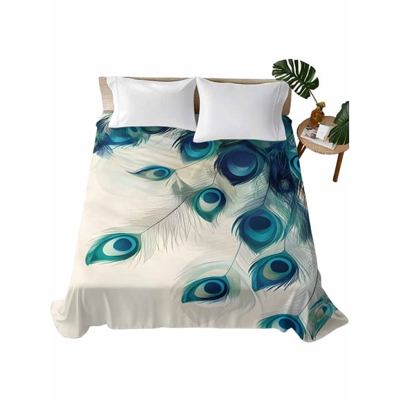 Peacock Feather Flat Sheets Only Queen Size, Soft Breathable Bed Top Sheets for Mattress, Teal Ethnic Rustic Farmhouse Elegant Luxury Bedding Flat Sheets for Home Hotel Bedroom Bed Protection