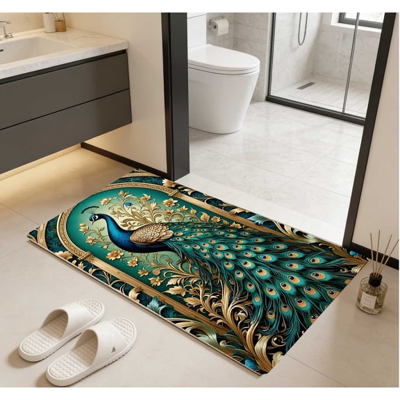 Peacock Feather Floor Mat - Wear Resistant, Decorative Vintage Luxury Style Rug for Living Room, 1 Piece 40x60cm