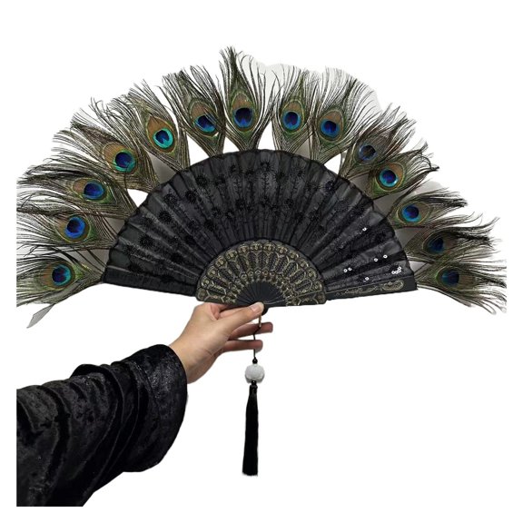 Peacock Feather Folding Fan, Lolita Performance, Dance Hand Fan with Pendant Gift, Wedding Party Decoration