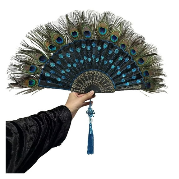 Peacock Feather Folding Fan, Lolita Performance, Dance Hand Fan with Pendant Gift, Wedding Party Decoration