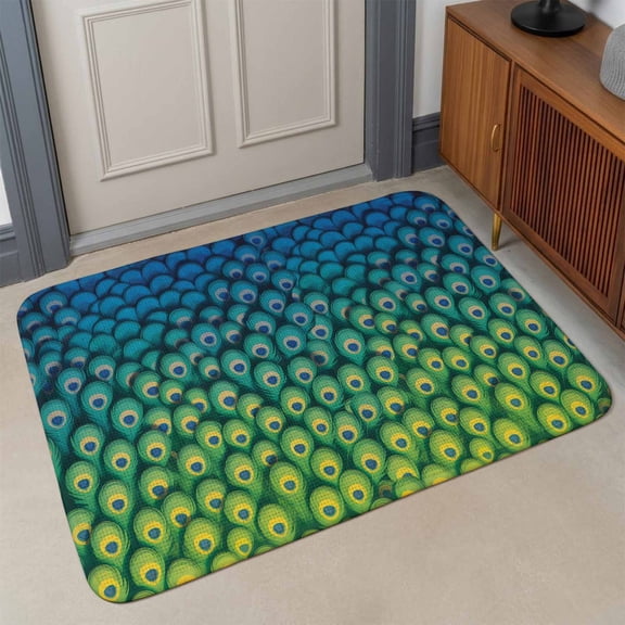 Peacock Feather Front Door Mat Indoor Entrance, Retro Abstract Jade Green Blue Peacock Feather Absorbent Dirt Resist Welcome Mats Non-Slip Low-Profile Doormat Washable Indoor Outdoor 17x30 Inch