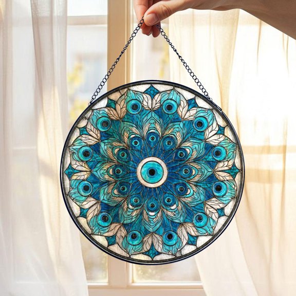 Peacock Feather Glass Suncatcher, Mandala Round Window Panel, Blue Green Home Decor, 6.3 in