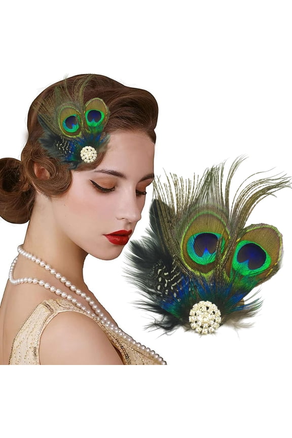Peacock Feather Hair Clip, Vintage 1920s Flapper Style with Rhinestone - Bridal Wedding Party Hair Accessories for Women Bridal Wedding Dance Tea Party