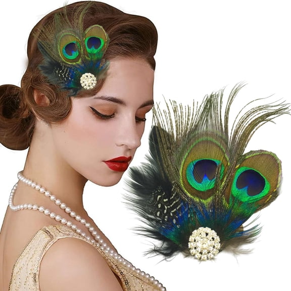 Peacock Feather Hair Clip, Vintage 1920s Flapper Style with Rhinestone - Bridal Wedding Party Hair Accessories for Women Bridal Wedding Dance Tea Party
