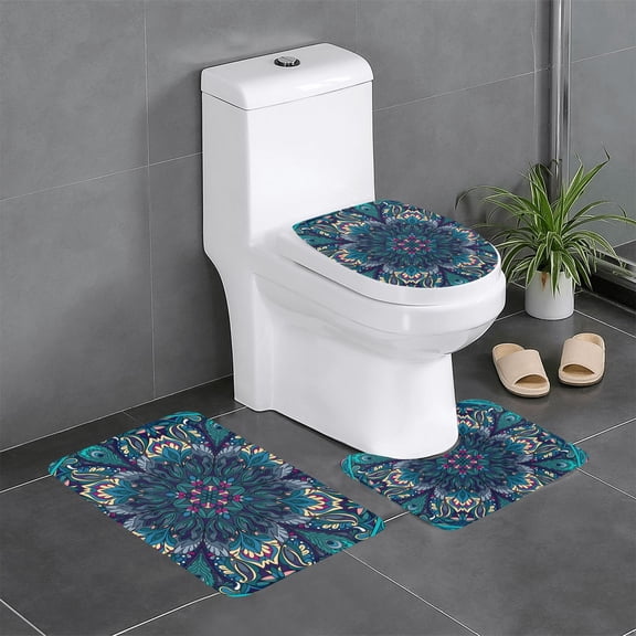 Peacock Feather Indian Tribal 3-Piece Bathroom Rug Set Non-Slip Flannel Bath Mat 24"x16" U-Shaped Contour Mat Toilet Lid Cover