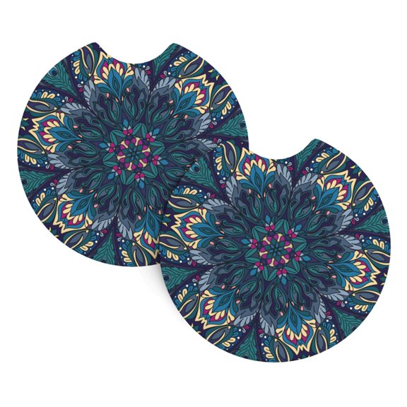 Peacock Feather Indian Tribal Car Cup Holder Pad 2-Pack Neoprene Coasters for Auto Interior Waterproof Universal Fit for Most Vehicles