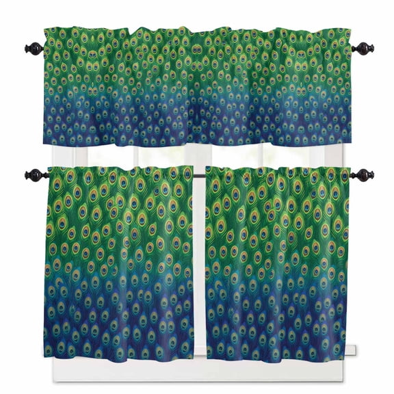 Peacock Feather Kitchen Curtains Valance and Tier Set Retro Jade Green Blue Peacock Feather Rod Pocket Short Curtains for Small Window 3 Pieces Set for Bedroom Bathroom Cafe (54" x 18"+27" x 24")