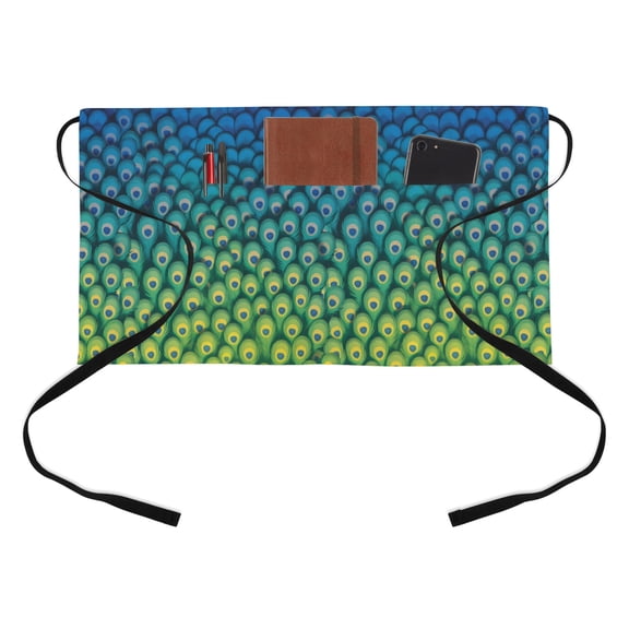 Peacock Feather Kitchen Restaurant Half Waist Apron, Retro Abstract Jade Green Blue Peacock Feather Server Short Apron with 3 Pockets Waterproof Oil Waist Aprons for Women Waitress Waiter