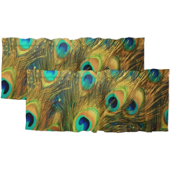 Peacock Feather Kitchen Valance Teal Green Feathers Print Animal Theme Rod Pocket Decoration Window Valance Curtains 54x18inch(2Pcs)