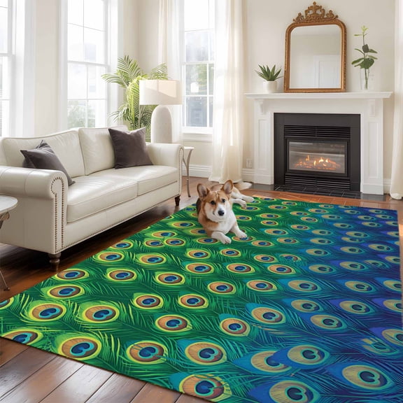 Peacock Feather Large Area Rugs 5x8 ft Retro Jade Green Blue Peacock Feather Washable Rug Non Slip Indoor Carpet Absorbent Floor Mat for Living Room Bedroom Dining Room