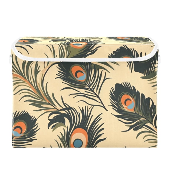 Peacock Feather Large Storage Bins with Linen Collapsible Lid Storage Box 16.7 x 12.6 x 11.8in