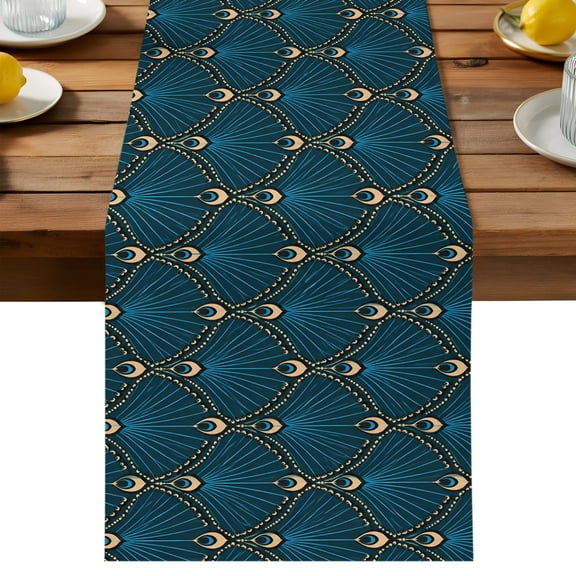 Peacock Feather Motif Table Runner, Vintage Boho Blue Gold Fan Shape Washable Kitchen Table Runners Dress Scarves for Dining Table Decorations Party/Restaurant/Indoor Outdoor Use, 13x36in