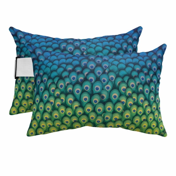 Peacock Feather Outdoor Chaise Lounge Pillows Retro Abstract Jade Green Blue Peacock Feather Lumbar Pillows with Insert Adjustable Elastic Strap Headrest Pillow for Recliner 2 Pack 11x16 Inch