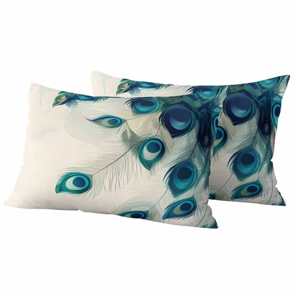 Peacock Feather Outdoor Pillow Covers 20"x12" Set of 2,Waterproof Throw Pillow Covers for Patio Furniture,Teal Ethnic Rustic Farmhouse Elegant Decorative Cushion Pillowcases for Garden Couch Sofa