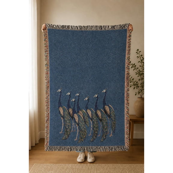 Peacock Feather Parade Woven Throw Blanket, Cotton with Fringed Edges for Sofa Accent