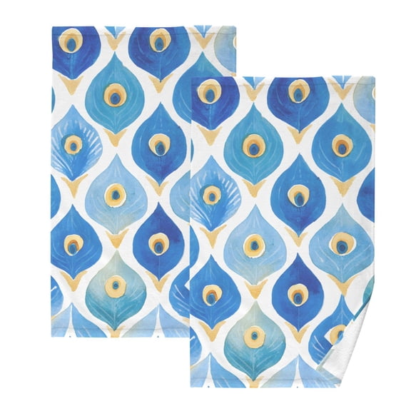 Peacock Feather Pattern Cotton Towel Set Face Hand Towels 2 Pack Soft Absorbent 16x28in