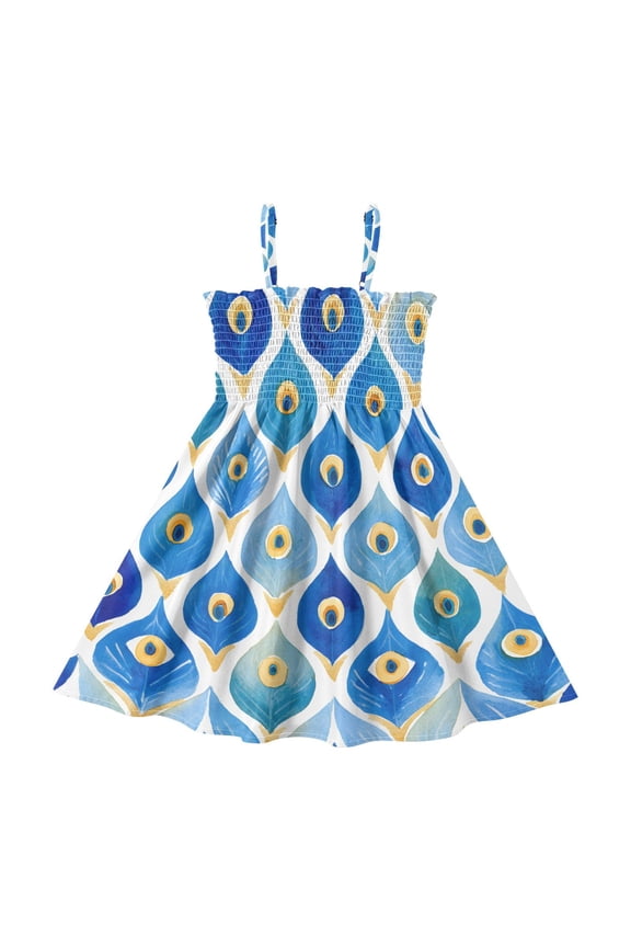Peacock Feather Pattern Girls' Casual Dresses 2Y-8Y Sleeveless Ruffle Neck for Summer Daily Wear