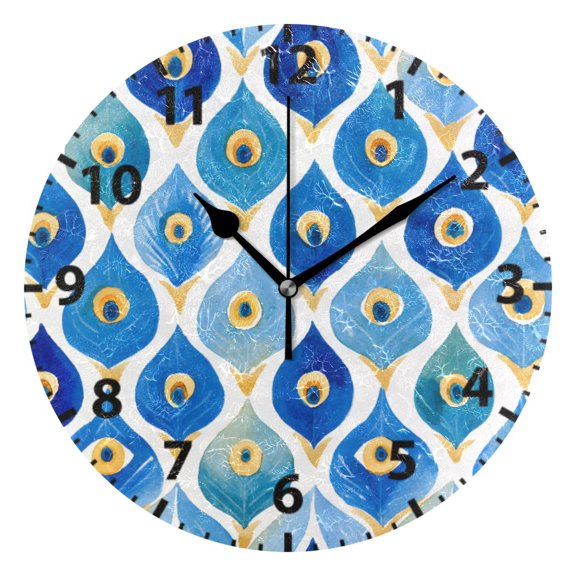 Peacock Feather Pattern Wall Clock 10in Round Artistic Oil Painting Home Decor Desk Table Clock