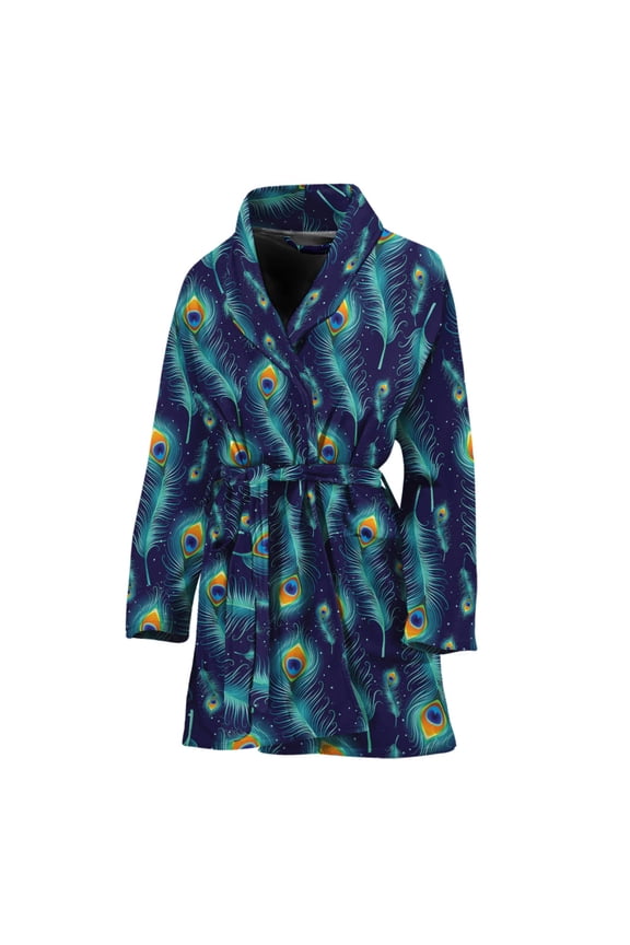 Peacock Feather Pattern Women Bathrobe One Size Univeral Fits, Peacock Fashion Lightweight Plush Fleece Long Robe For Women