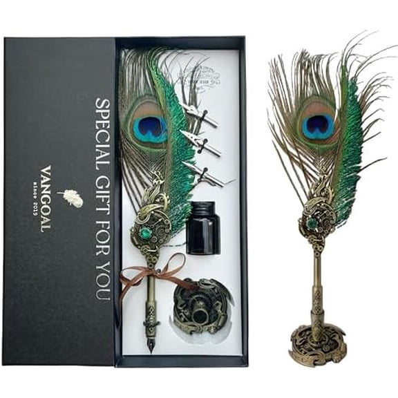 Peacock Feather Pen and Ink Set with Gift Box, Vintage Quill Pen for Writing, Calligraphy Pen Set for Office Supplies, Birthday, Wedding, Christmas Gift (Green - Peacock Feathers)