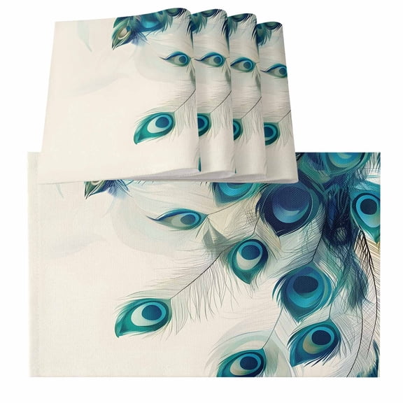 Peacock Feather Placemats for Dinning Table Set of 4, Teal Ethnic Rustic Farmhouse Elegant Burlap Kitchen Place Mats Waterproof Cloth Table Mats, Indoor Outdoor Placemats Easy Clean Dinner Decor