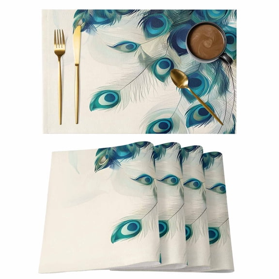 Peacock Feather Placemats Set of 2, Cotton Linen Fabric Place Mats, Teal Ethnic Rustic Farmhouse Elegant Washable Decorative Table Mats Protector for Home Kitchen Dining Wedding Party Coffee Tables