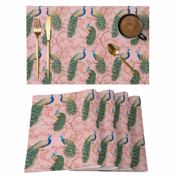 Peacock Feather Placemats Set of 4 Pink Vintage Botanical Branch Animals Place Mats Indoor Wipeable Table Mats Washable Cloth Dining Table Placemats for Kitchen Holiday Party Home Decor 13x19 Inch