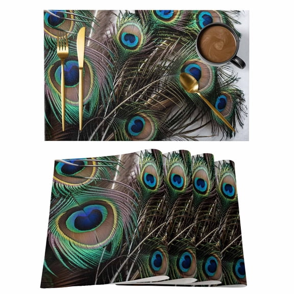 Peacock Feather Placemats Set of 4, Teal Blue Bird Feather Modern Art Printed Placemats for Dining Table, Place Mats for Kitchen Tabletop, Waterproof Wipeable Dining Table Mats Set