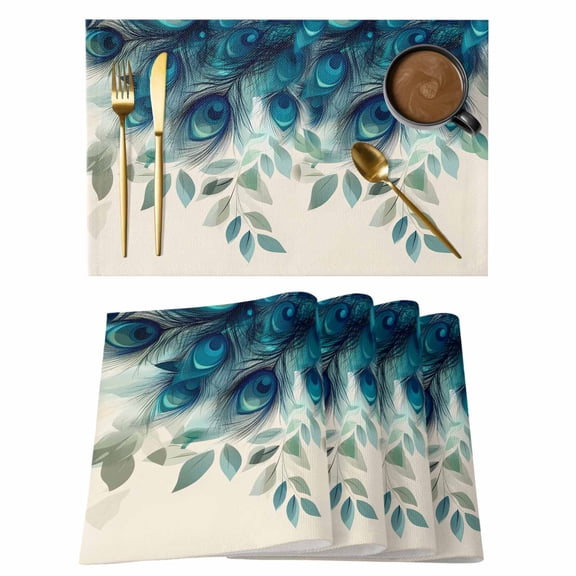Peacock Feather Placemats Set of 4 Teal Blue Green Leaf Abstract Heat Insulation Washable Place Mats, Rustic Non-Slip Table Mats for Dining Table Party Kitchen Decor,13x19 Inch