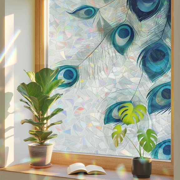 Peacock Feather Privacy Window Film, Decorative Stained Glass Window Film, Teal Ethnic Rustic Farmhouse Elegant Resuable Rainbow Static Cling for Home Bathroom Living Room Glass Door 17.7"x39.3"