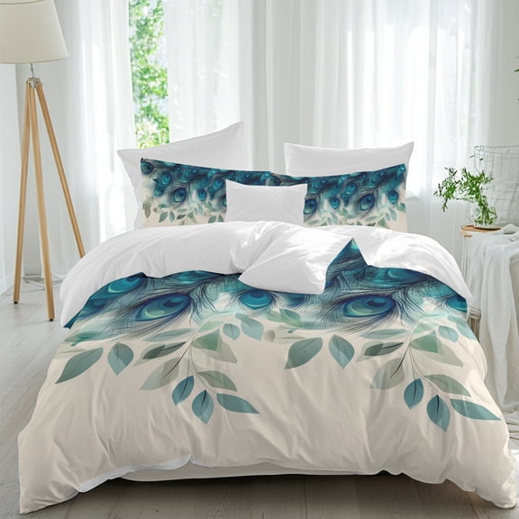 Peacock Feather Queen Duvet Cover Set, Teal Blue Green Leaf Abstract 4 Piece Microfiber Bedding Set with Zipper Closure, Bed Sheet and 2 Pillow Shams, Soft Bedding Cover