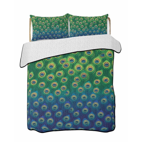 Peacock Feather Quilts Bedding Set King Size Retro Jade Green Blue Peacock Feather Lightweight Quilted Bedspread 3 Piece Bed Quilt with 2 Pillow Shams All Season for Bedroom 90" x 96"