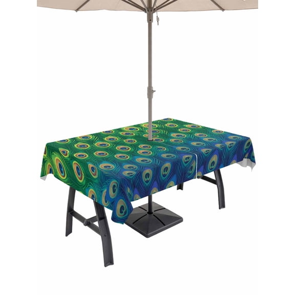 Peacock Feather Rectangle Outdoor Tablecloth with Umbrella Hole Retro Jade Green Blue Peacock Feather 52x70 Inch Waterproof Table Cover Zippered Table Cloth for Garden Patio